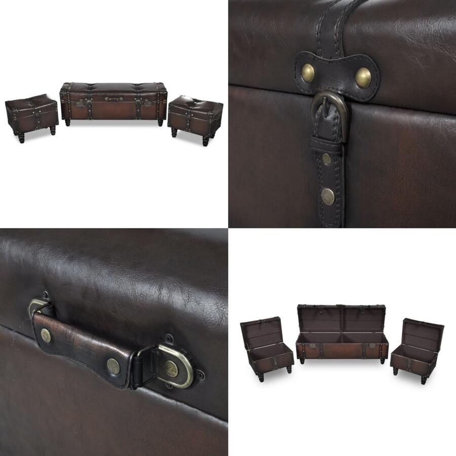 The Living Store Opbergbankenset Lange opbergbank en 2 hockers Donkerbruine afwerking Massief houten frame Hoogwaardig kunstleer Handvatten en gespen Bruin 112 x 36 x 42.5 cm 43 x 31 x 37 cm 110 kg - Foto 2