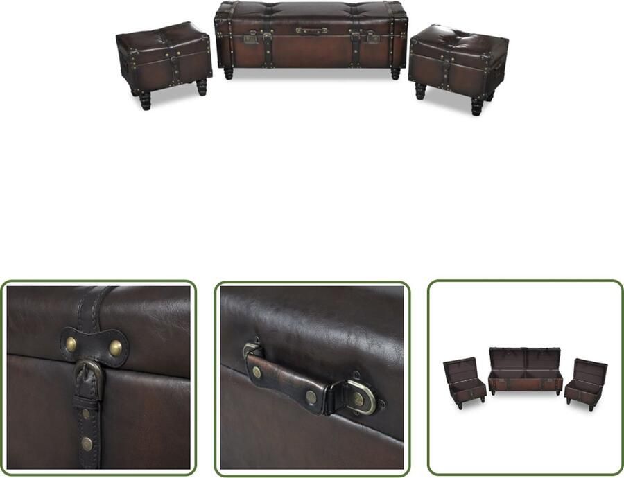 The Living Store Opbergbankenset Lange opbergbank en 2 hockers Donkerbruine afwerking Massief houten frame Hoogwaardig kunstleer Handvatten en gespen Bruin 112 x 36 x 42.5 cm 43 x 31 x 37 cm 110 kg - Foto 3