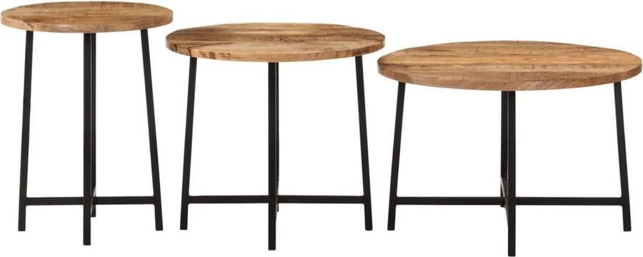 The Living Store 3-delige Salontafelset massief mangohout en ijzer Salontafel Mangohouten Salontafel Nestkasten Koffietafel Bijzettafel