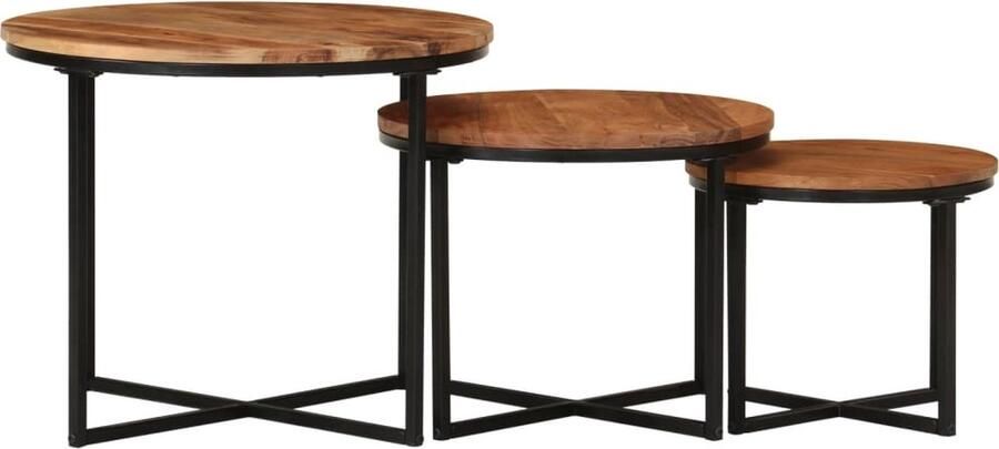 VidaXL Salontafelset 3-delig Massief Acaciahout & IJzer Nesttafel Nesttafels Bijzettafel Banktafel
