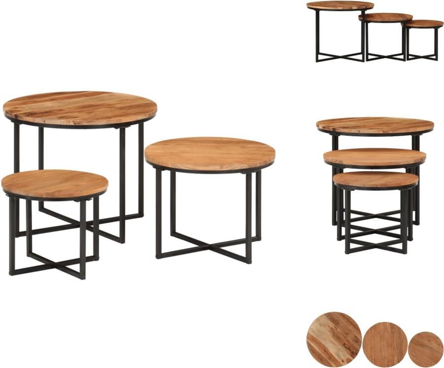VidaXL -3-delige-Salontafelset-massief-acaciahout-en-ijzer - Foto 2