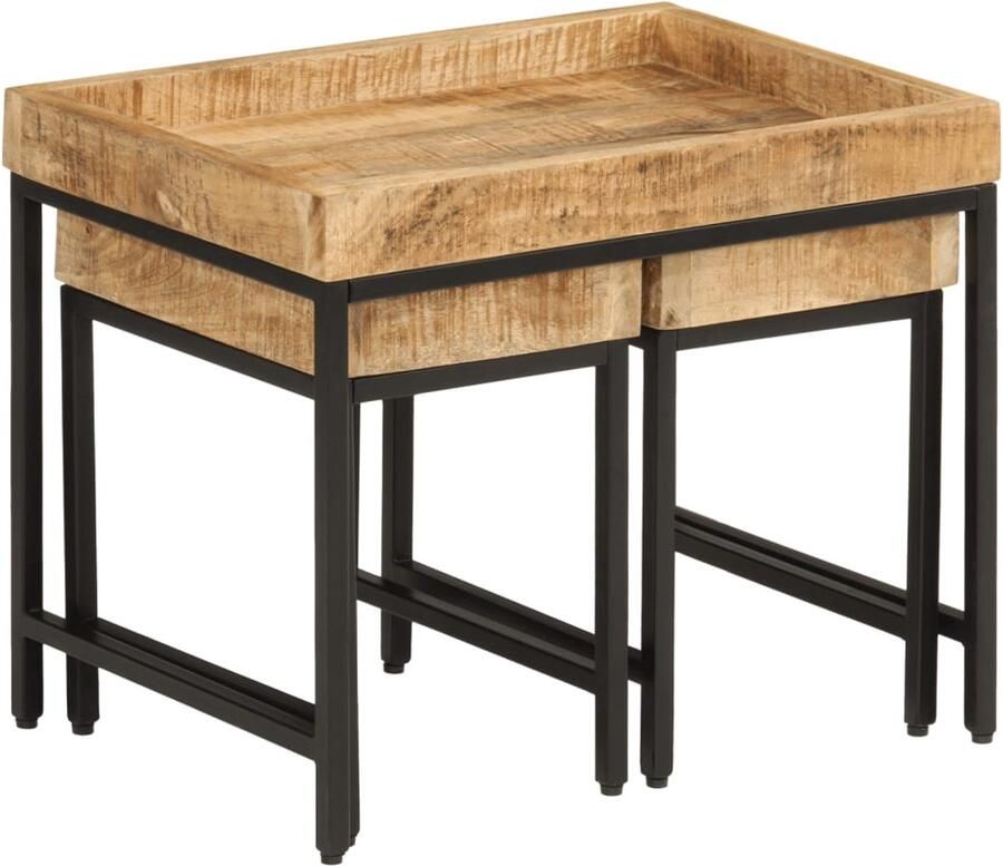 VidaXL Nesttafel Nesttafels Bijzettafel Banktafel 3-delige Salontafelset massief ruw mangohout en ijzer