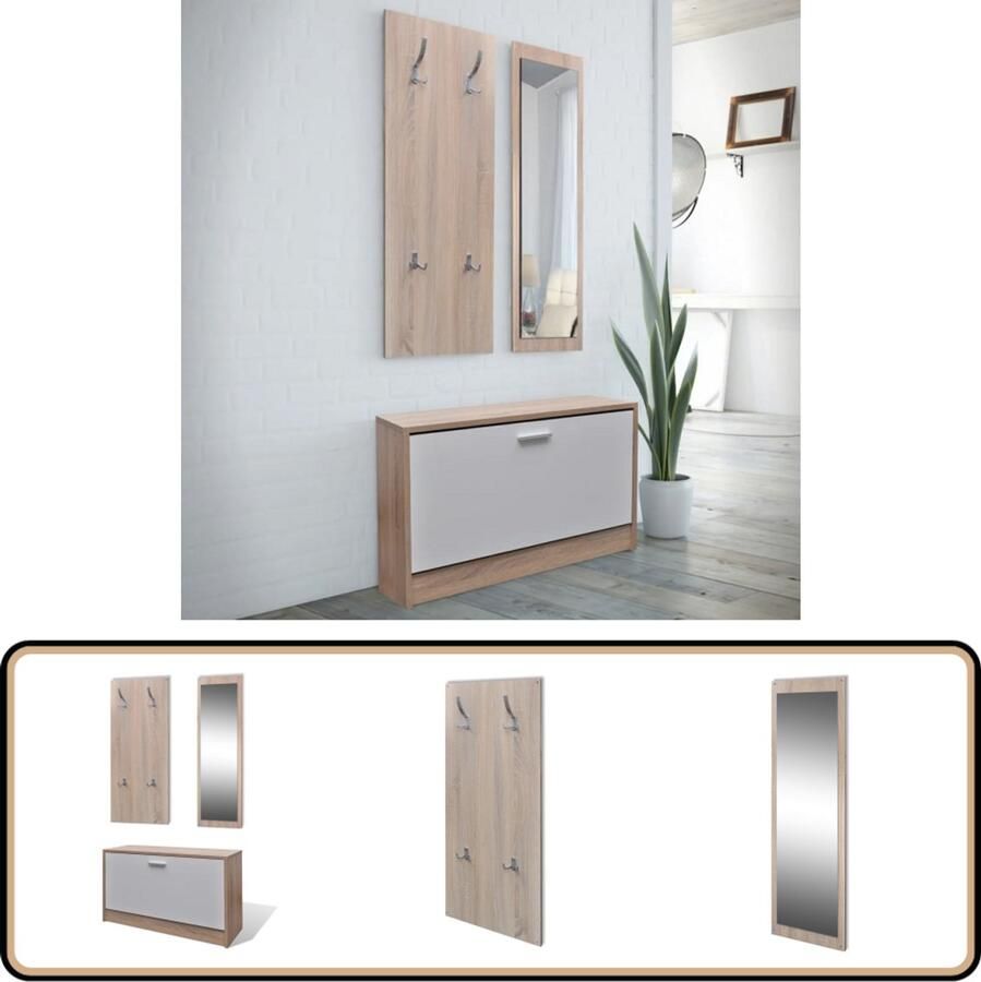 VidaXL 3-delige schoenenkastset eiken en wit Schoenenkast Kasten Meubels Bergruimte Organisatie Hal Kledingrek Spiegel Vintage Modern Bruine Kleuren