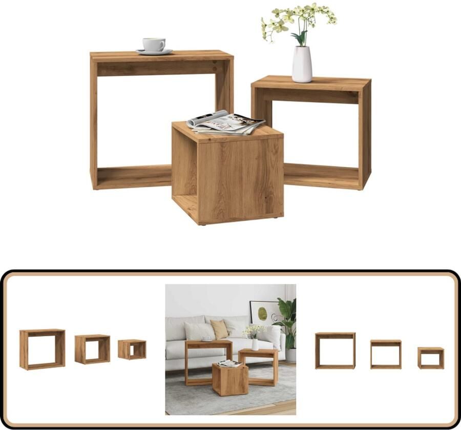 VidaXL Tafeltjesset 3-delig Artisan Eiken Hout Tafels Salontafel Sidetable Houten Tafels Compact Tafels Stapelbare Tafels Living Room Furniture Klein Meubel Multifunctionele Tafels Kunststof Tafels