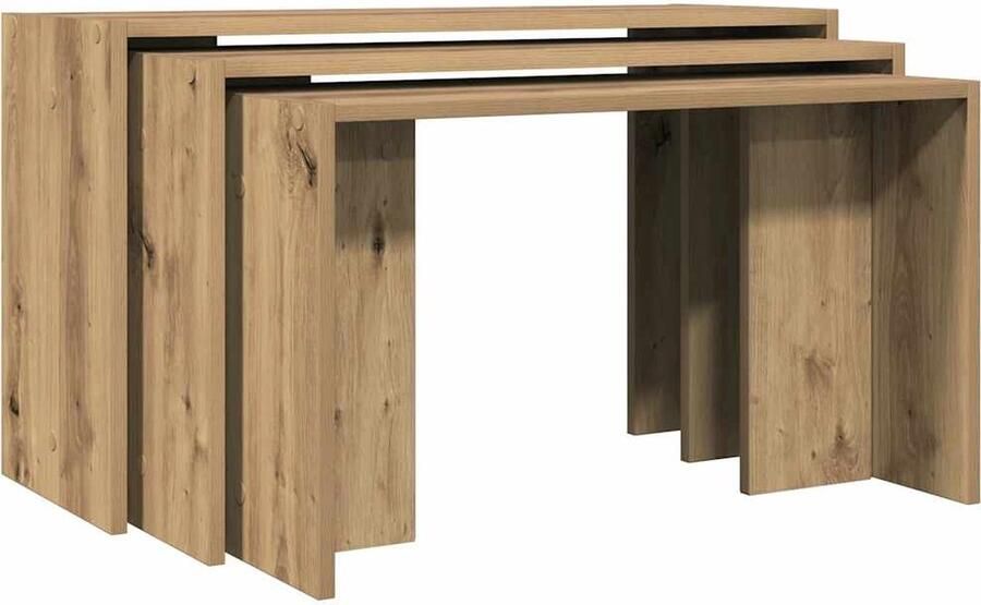 The Living Store 3-delige Tafeltjesset bewerkt hout artisanaal eikenkleur Bijzettabel Salontafel Nestkast Houten Meubilair Modern Design