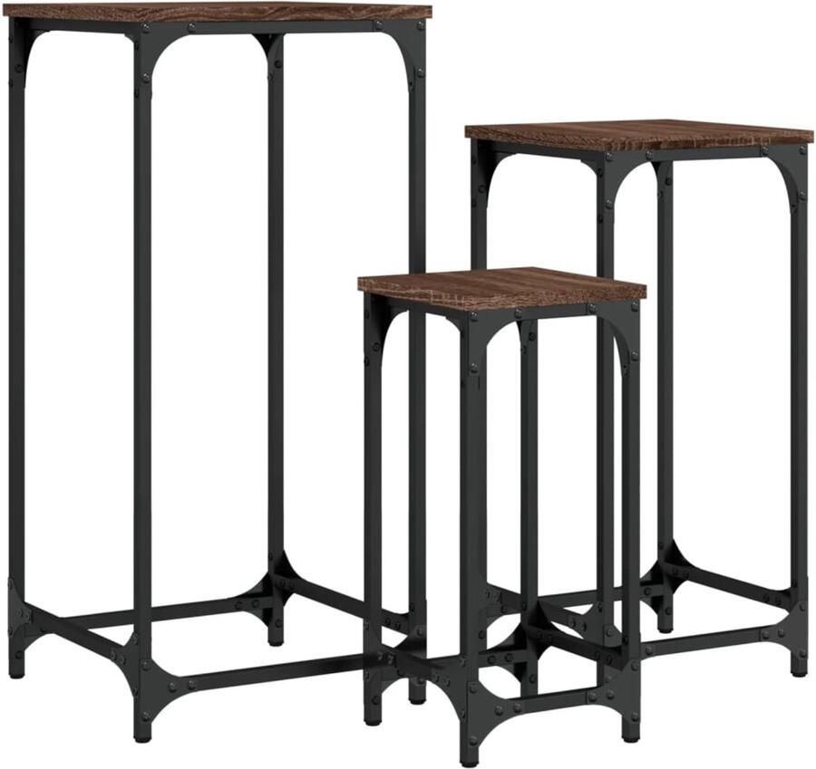 VidaXL 3-delige Tafeltjesset bewerkt hout bruin eikenkleur Nesttafel Nesttafels Bijzettafel Banktafel