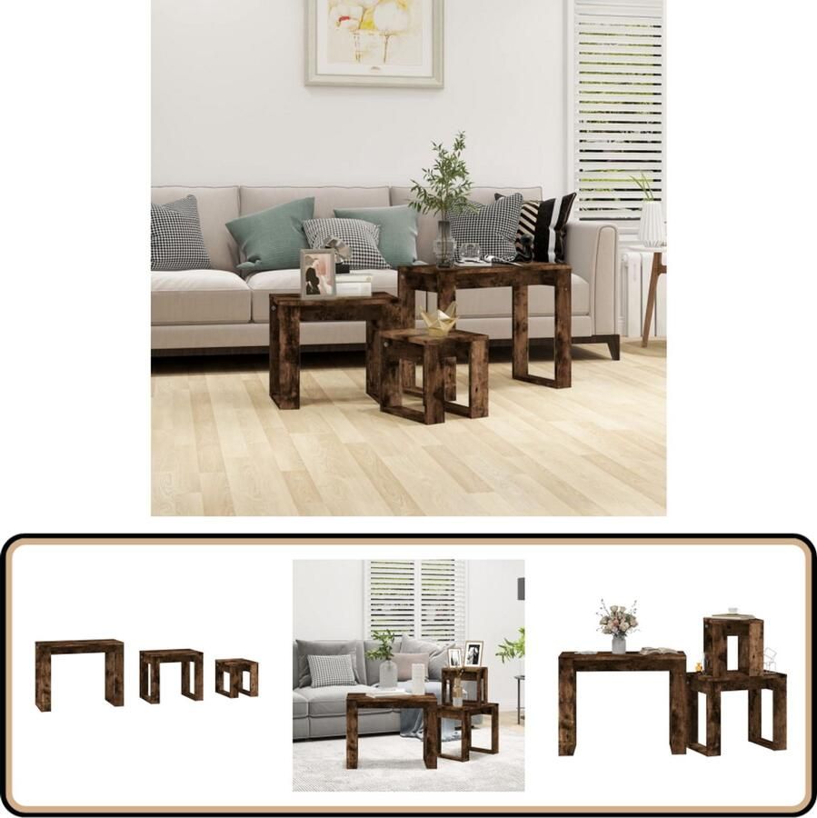 VidaXL 3-delige Tafeltjesset Bewerkt Hout Gerookt Eiken Tafels Houten Meubilair Compact Ontwerp Multifunctionele Tafels Bijzettafels Interieurdecoratie Bruine Kleur Gerookte Eik