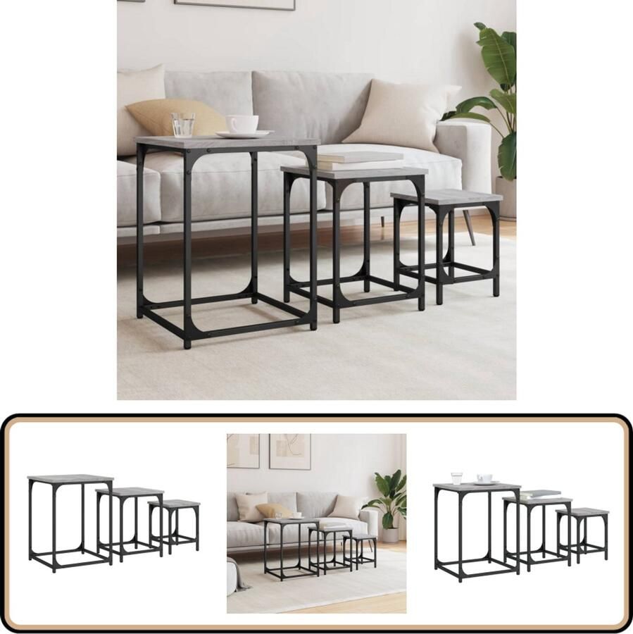 VidaXL 3-delige tafeltjesset Grijs eiken Hout & metaal Salontafel Set Industrieel Grijze Salontafel Houten Salontafel Multifunctionele Salontafel