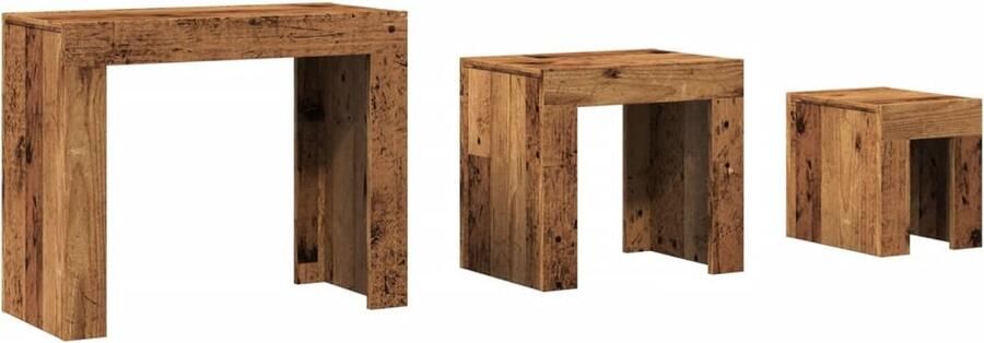 VidaXL Tafeltjesset 3-delig Bewerkt hout Oud houtkleurig Salontafel Tafeltje Koffietafel Multifunctionele Tafel Nestkasten Houten Meubilair Vintage Meubels Compact Meubel Klein Wonen Stapelbare Tafels Onderstellen