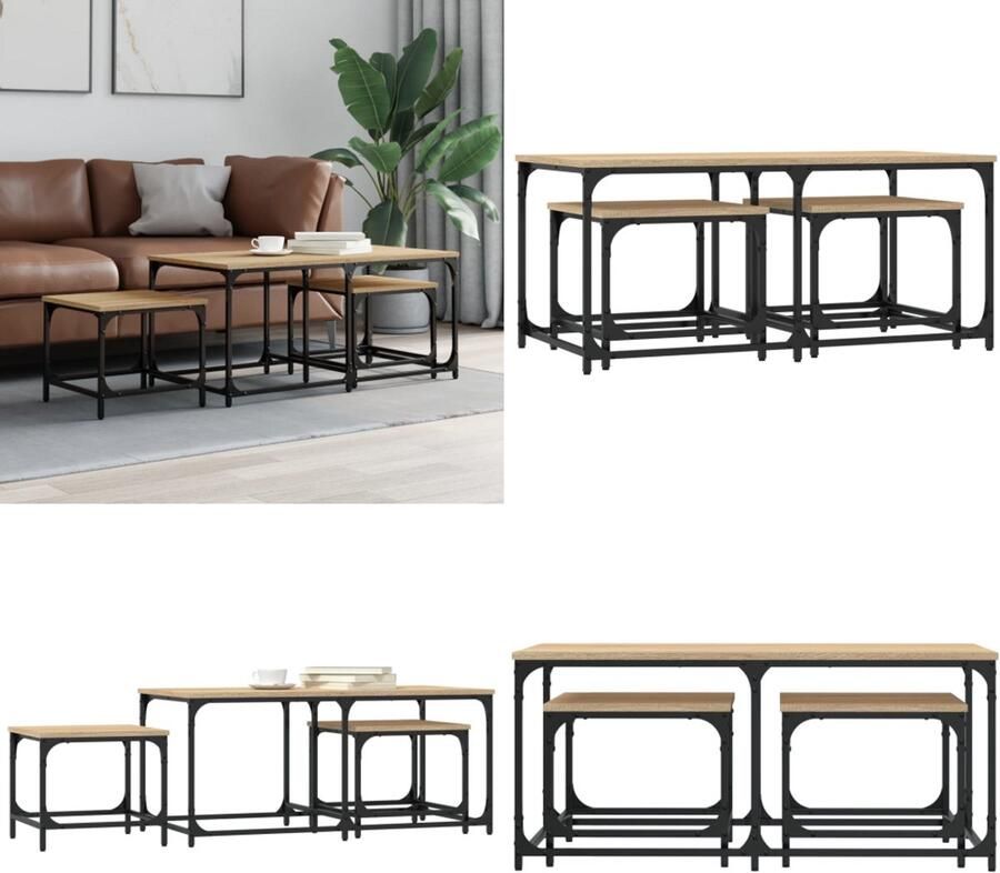 VidaXL 3-delige Tafeltjesset bewerkt hout sonoma eikenkleurig Nesttafel Nesttafels Bijzettafel Tafeltjesset