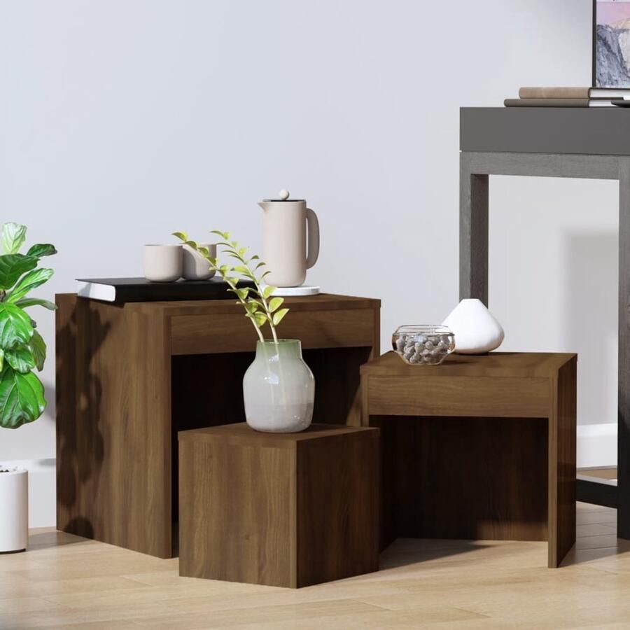 VidaXL 3-delige tafeltjesset Bruin eiken hout Tafels Bijzettafel Nestkasten Houten Meubilair Bruin Meubilair Compacte Tafels Living Accessoires Kamerdecoratie