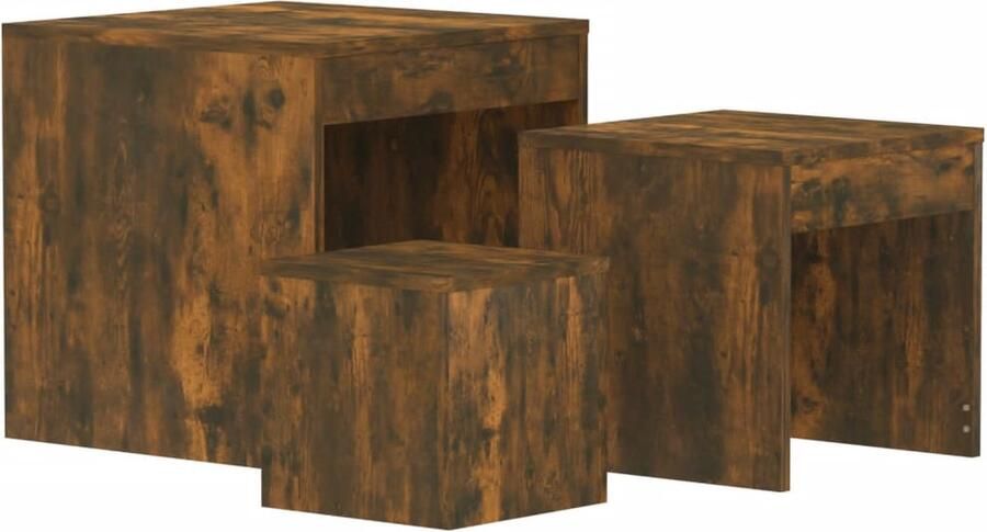 VidaXL 3-delige Tafeltjesset Gerookt Eiken Tafelset Nestkasten Houten Tafels Bruine Meubelen Salontafel Bijzettafel Kamermeubilair Compact Meubilair Multifunctionele Tafels