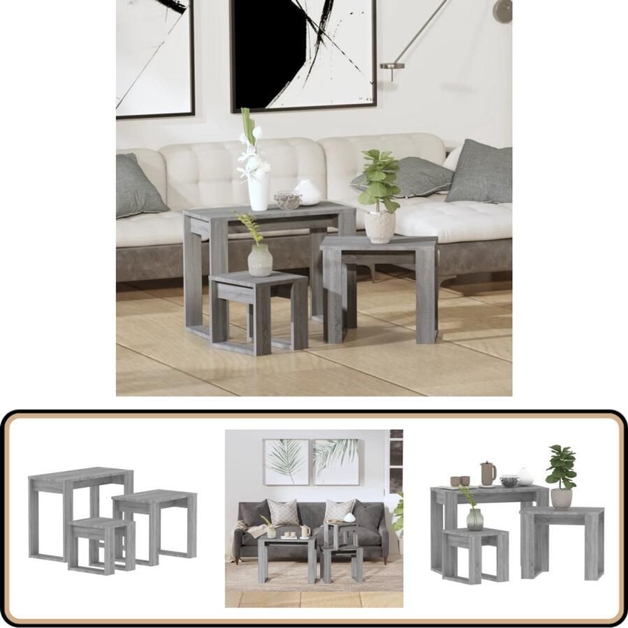 VidaXL 3-delige Tafeltjesset Grijs Sonoma Eiken Tafelset Bijzettafel Salontafel Nachtkastje Compact Meubilair Houten Tafels Grijze Meubelen Modern Design Multifunctioneel Meubel