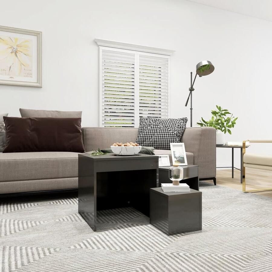 VidaXL 3-delige tafeltjesset hoogglans grijs Bijzettafels Hoogglanstafels Spaanplatentafels Kleine Tafels Salon Meubilair Slaapkamersmeubilair Grijs Meubilair - Foto 3