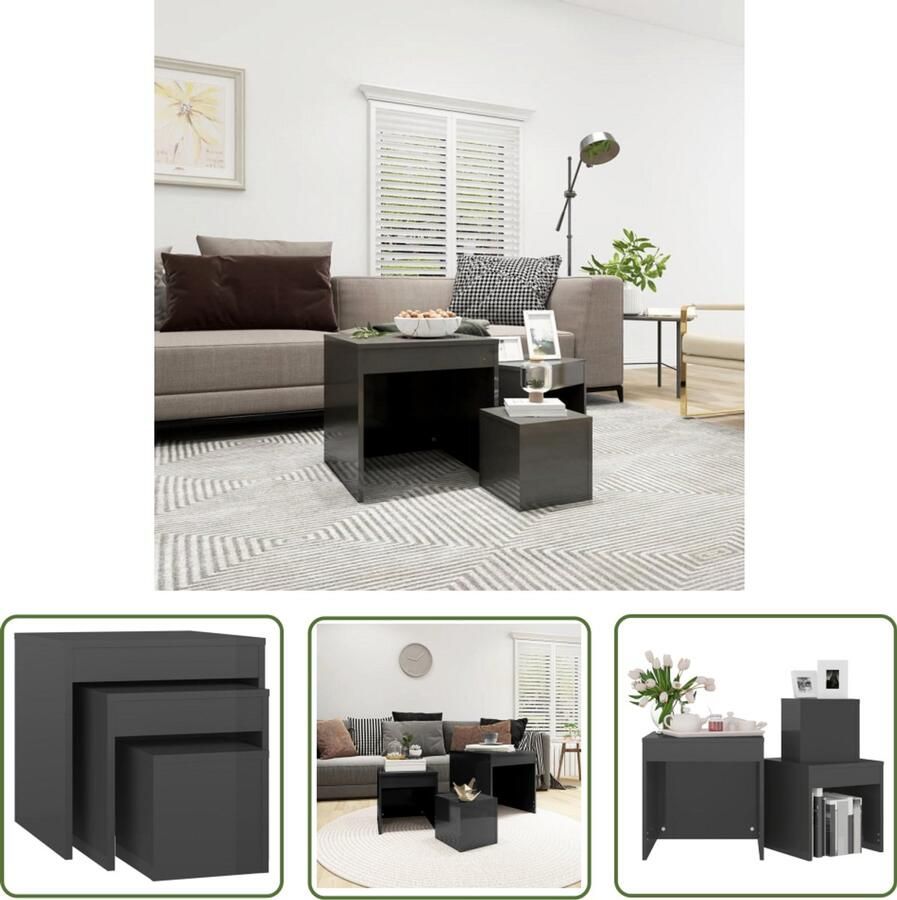 VidaXL 3-delige tafeltjesset hoogglans grijs Bijzettafels Hoogglanstafels Spaanplatentafels Kleine Tafels Salon Meubilair Slaapkamersmeubilair Grijs Meubilair - Foto 2