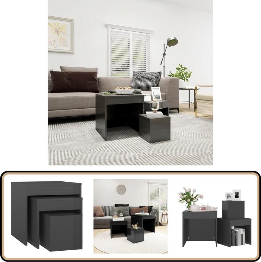 VidaXL 3-delige tafeltjesset hoogglans grijs Bijzettafels Hoogglanstafels Spaanplatentafels Kleine Tafels Salon Meubilair Slaapkamersmeubilair Grijs Meubilair