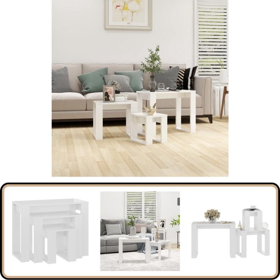 VidaXL 3-delige Tafeltjesset Hoogglans Wit Bijzet Tafels Houten Tafels Side Tables White Furniture Living Room Decor Bedroom Furniture Compact Furniture Nesting Tables