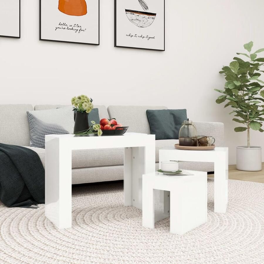 VidaXL 3-delige Tafeltjesset Hoogglans Wit Salontafel Salontafels Koffietafel Bijzettafel Tv-meubel Multifunctionele Tafel Houten Tafel Witte Tafel Compact Meubilair Livingroom Decor - Foto 2