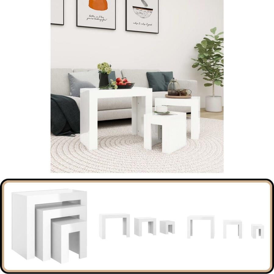VidaXL 3-delige Tafeltjesset Hoogglans Wit Salontafel Salontafels Koffietafel Bijzettafel Tv-meubel Multifunctionele Tafel Houten Tafel Witte Tafel Compact Meubilair Livingroom Decor