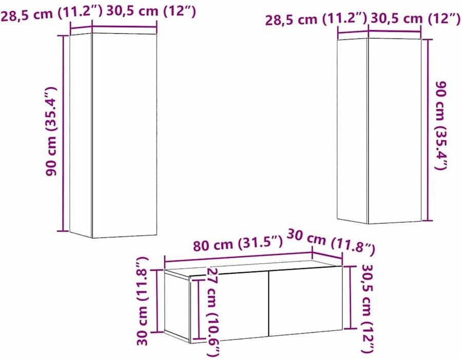VidaXL 3-delige TV-kast set wandgemonteerd zwart eikenhout gemaakt van gefabriceerd hout