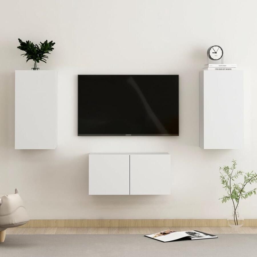 VidaXL 3-delige Tv-meubelset bewerkt hout wit Televisiescherm Tv Stand Salontafel Houten Tv-meubel Wit Tv-meubel Media Kast Videowerkbank - Foto 2