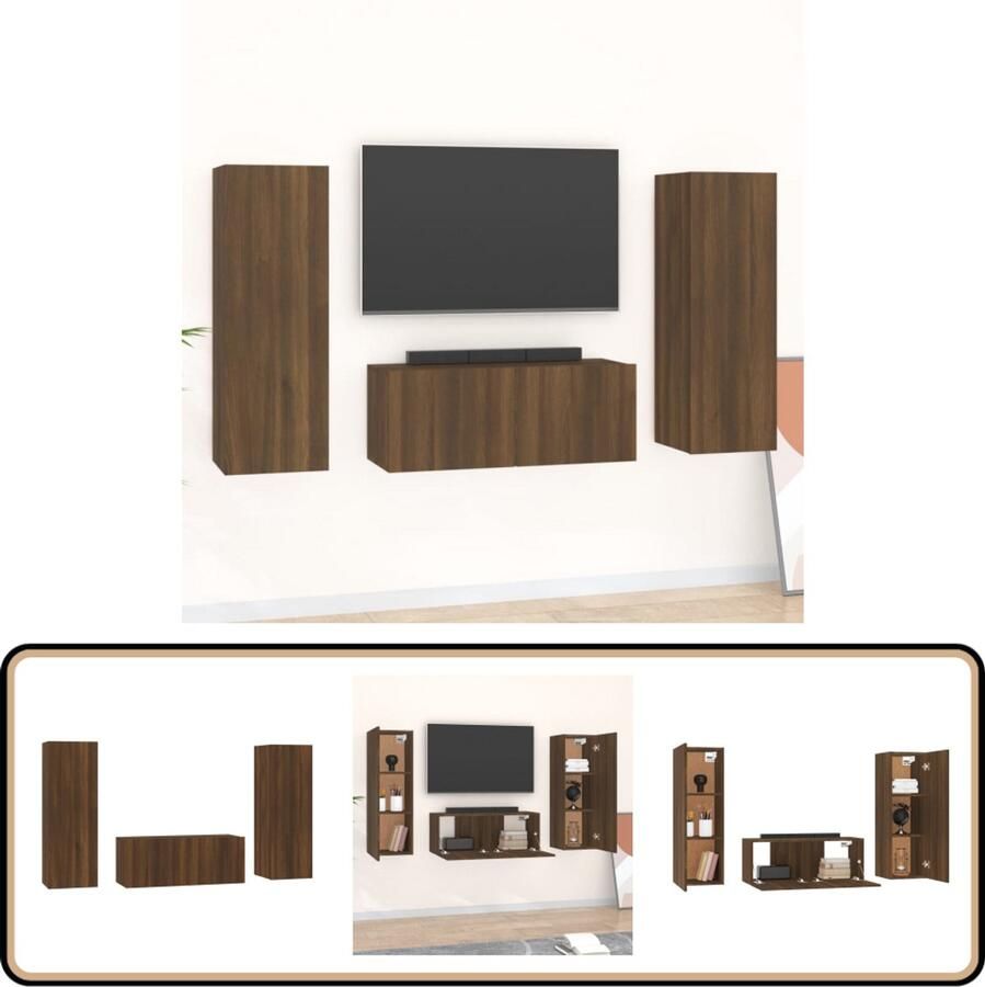 VidaXL 3-delige Tv-meubelset Bruin Eikenkleur TV Meubel Tv Kast Salontafel Houten Meubels Bruine Meubelen Wandmontage Opbergruimte