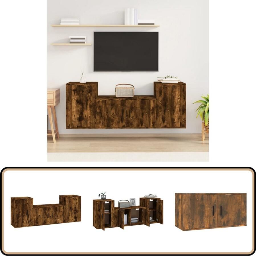 VidaXL 3-delige tv-meubelset gerookt eikenhout TV-meubel Tv Kast Salontafel Houten Tv-stand Bruine Tv-bank Landelijke Tv-unit Vintage Tv-meubel