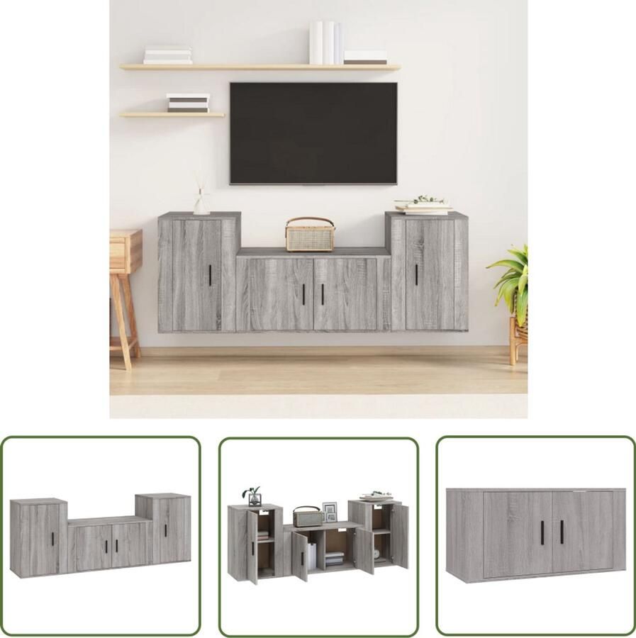 VidaXL 3-delige tv-meubelset grijs eikenhout Klassieke Tv Kast Tv Meubilair Grijze Tv Kast Houten Tv Kast Salontafel Opbergkasten Wandmontage