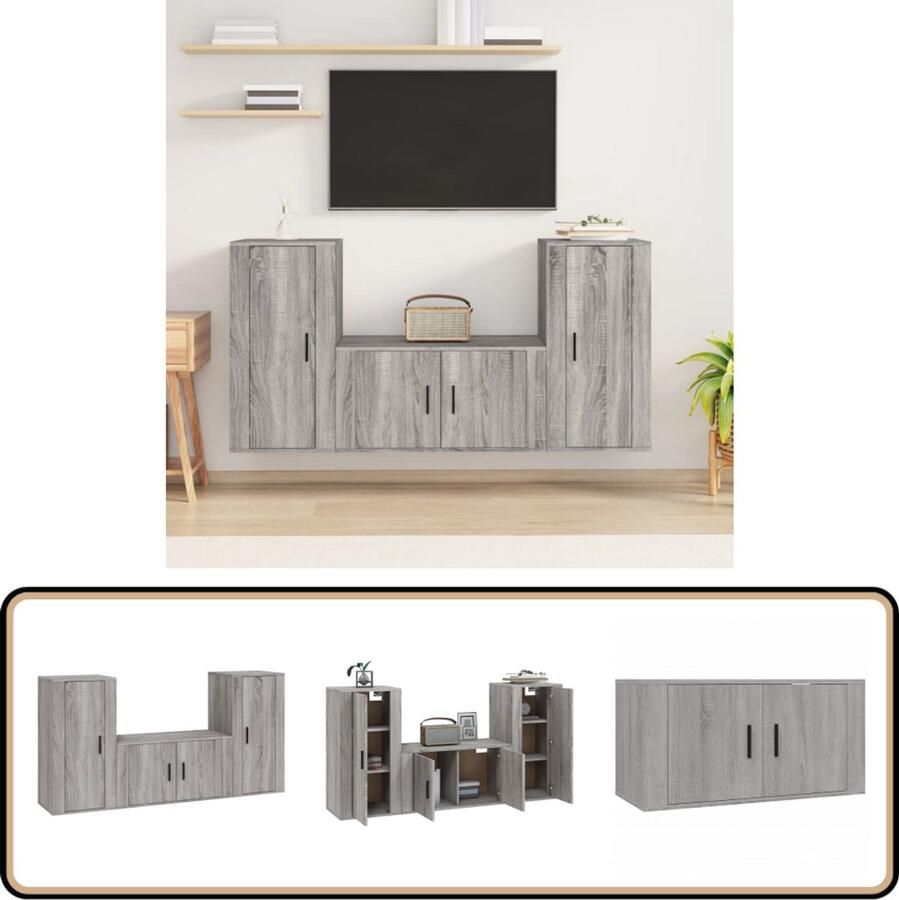 VidaXL 3-delige Tv-meubelset Grijs Sonoma Eiken Tv Meubels Salontafel Houten Tv Kast Grijze Tv Kast Landelijk Tv Meubel Tv Stand Media Kast Opbergkasten