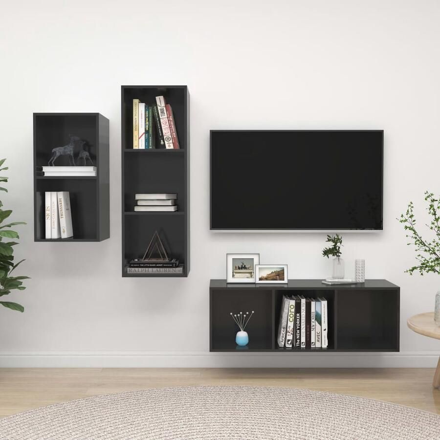 VidaXL 3-delige Tv-meubelset hoogglans grijs Tv-meubel Tv-kast Salontafel Houten Tv-meubel Media-console Wandmontage Opbergruimte