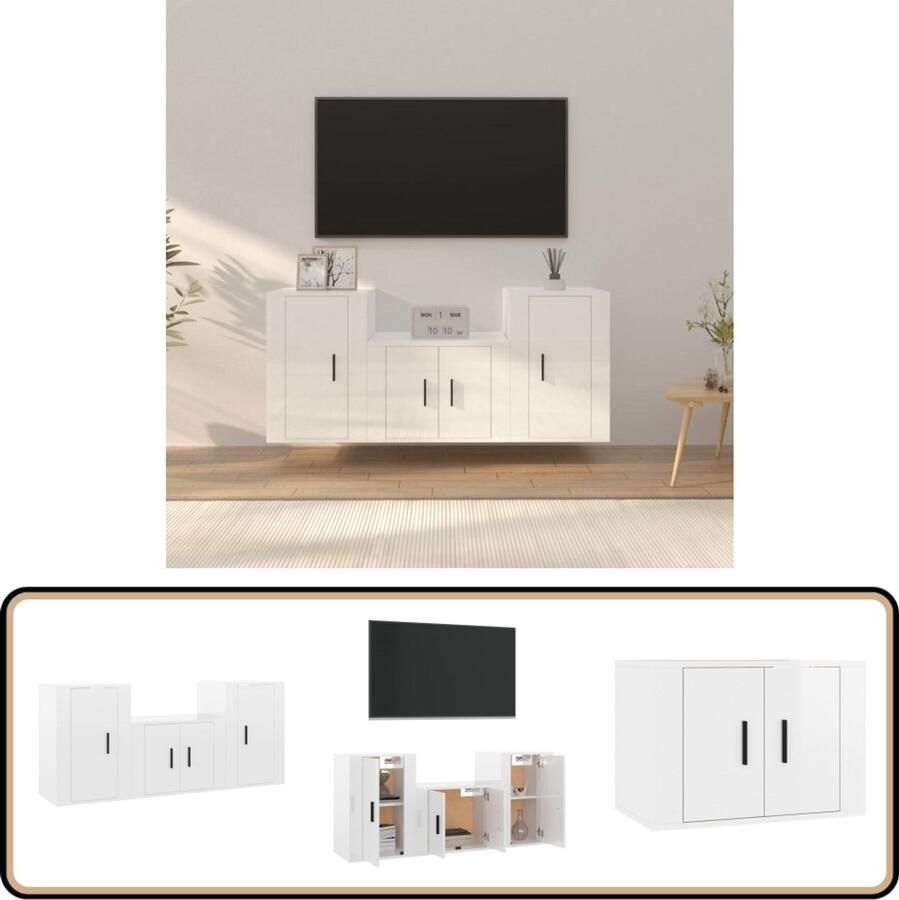VidaXL 3-delige Tv-meubelset Hoogglans Wit TV Kast Salontafel Houten Tv-kast Mediastand Opslagoplossing White Furniture Modern Living Room