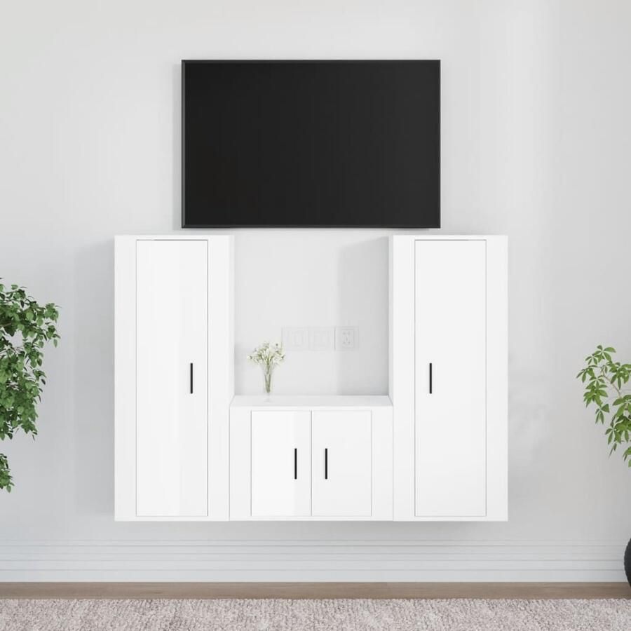 VidaXL 3-delige Tv-meubelset hoogglans wit TV-meubel Klassieke Meubelen Houten TV-stand Hoogglans Wit Salontafel Opbergruimte Wandmontage - Foto 2