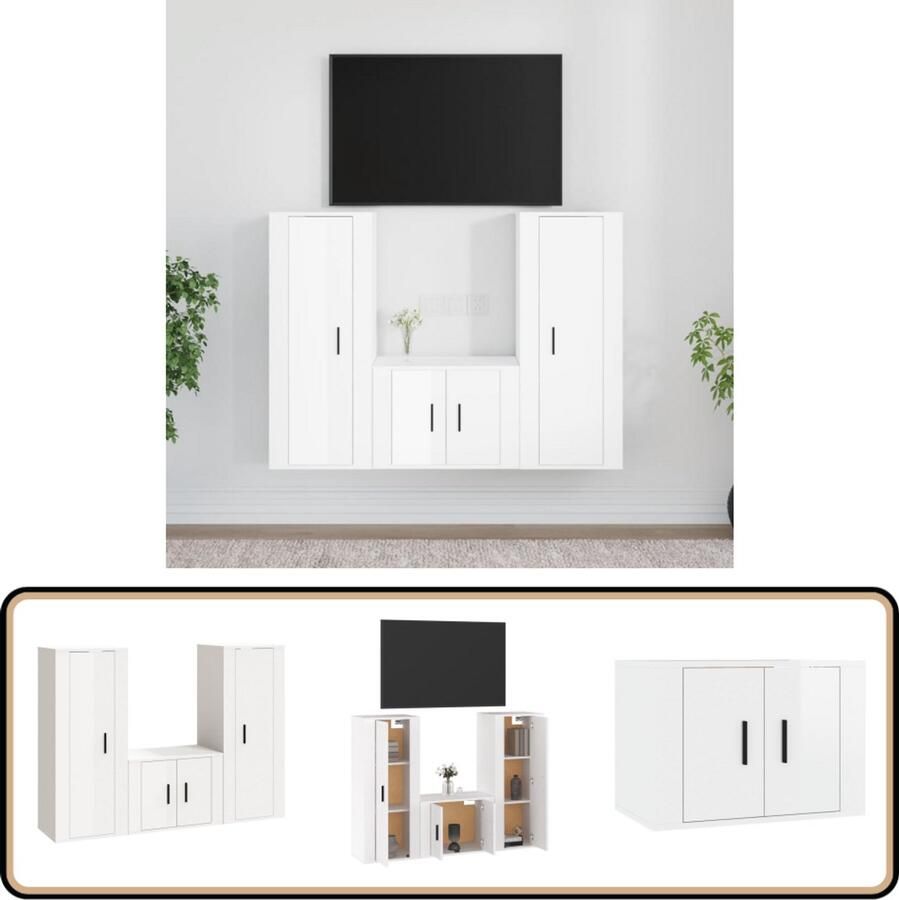 VidaXL 3-delige Tv-meubelset hoogglans wit TV-meubel Klassieke Meubelen Houten TV-stand Hoogglans Wit Salontafel Opbergruimte Wandmontage