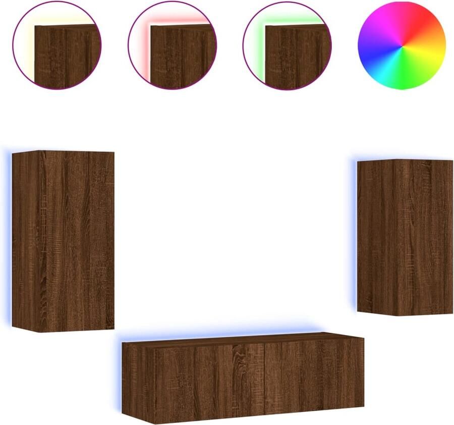 VidaXL Tv-Wandmeubelset 3-delig Bruin Eiken LED Tv-wandmeubel Tv-wandmeubels Zwevend Tv-meubel Tv-wandmeubel