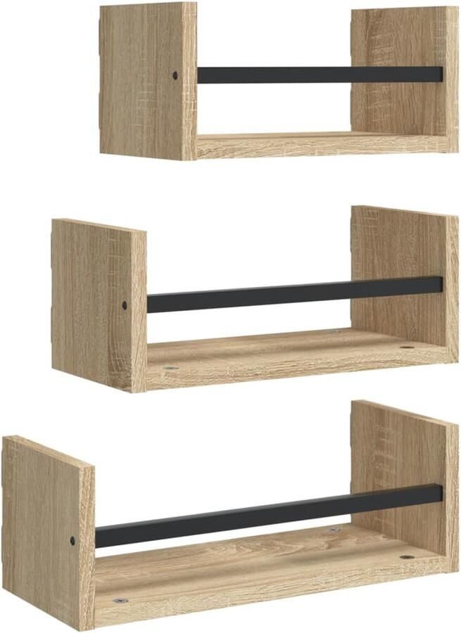 The Living Store 3-delige Wandschappenset met stangen bewerkt hout sonoma eiken Zwevende Wandenplanken Houten Wanddecoratie Wandkasten Sonomaneik Opbergkast