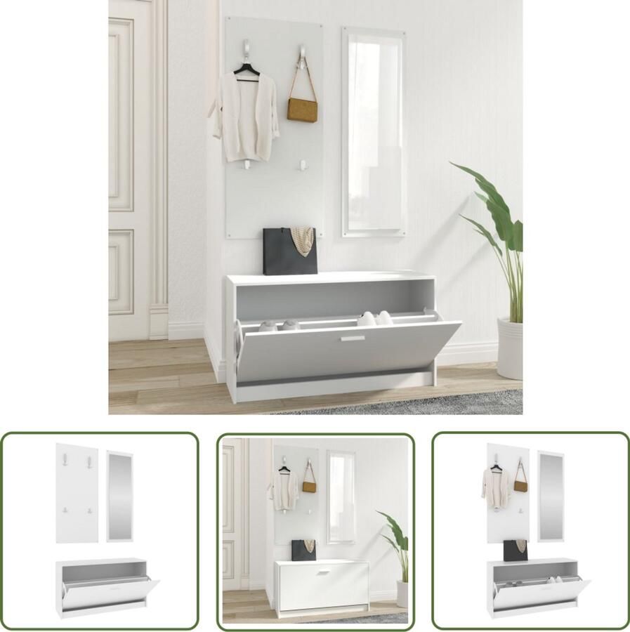 VidaXL 3-in-1 Schoenenkastset Wit Hout & Glas Schoenenkast Kapstok Spiegel Bergruimte Organisatie - Foto 2