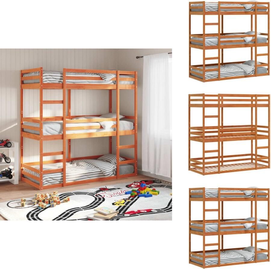 VidaXL 3-persoons Stapelbed 3-persoons Stapelbedden Stapelbed Bedframe Stapelbed 3-persoons massief grenenhout wasbruin 80x200 cm