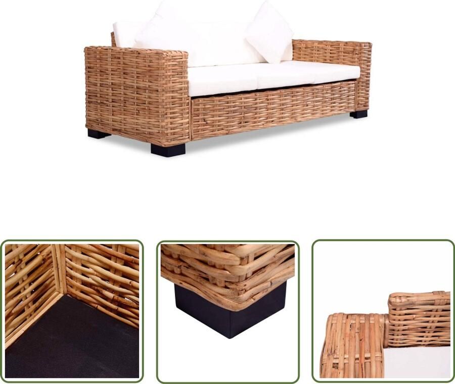 The Living Store Ratan Bank Driezitsbank 195 x 80 x 67 cm Crèmewit kussen Rattan Bank 3 Zits Bank Lounge Bank Bankstellen Tuinbank - Foto 2