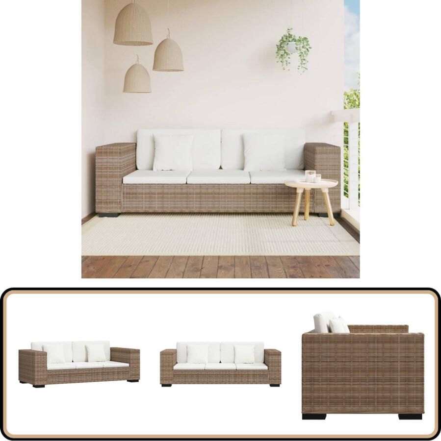 VidaXL 3-zits Bankstel Rattan Inclusief Kussens Rattan Bank 3 Zits Bank Lounge Bank Woonkamer Meubels Design Bank Moderne Bank Bruine Bank