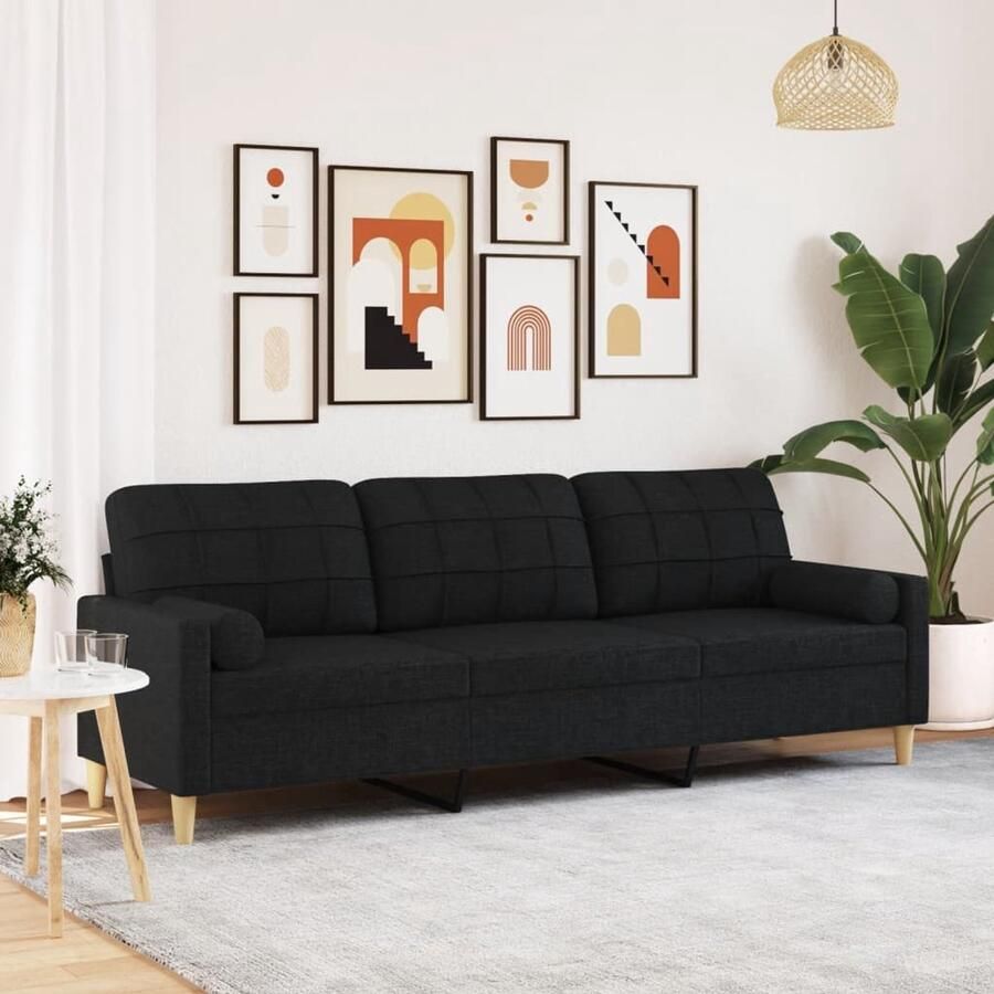 VidaXL 3-zitsbank 210 cm met sierkussens zwart 3 Zits Bank Bankstellen Woonkamer Meubels Zwarte Bank Stoffen Bank