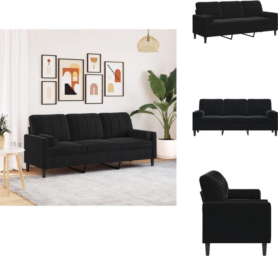 VidaXL 3-zitsbank 3-zitsbanken Bank 3zitsbank Driezitsbank met sierkussens 180 cm fluweel zwart
