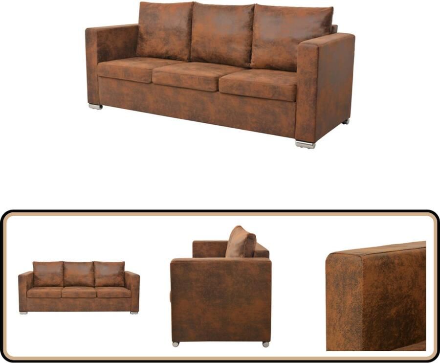 The Living Store 3-zitsbank bruin 191x73x82 cm kunst suède bekleding Drie Zitsbank Bruine Bank Leder Look Bank Banks Kopen Lounge Bank - Foto 2