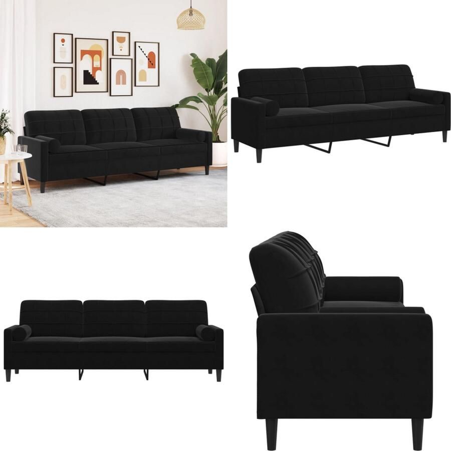 VidaXL 3-zitsbank met sierkussens 210 cm fluweel zwart 3-zitsbank 3-zitsbanken Bank 3zitsbank