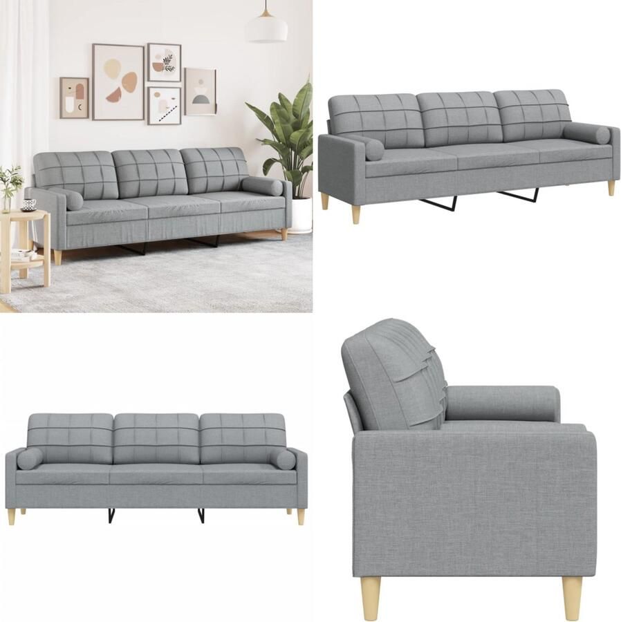 VidaXL 3-zitsbank met sierkussens 210 cm stof lichtgrijs 3-zitsbank 3-zitsbanken Bank Zitbank