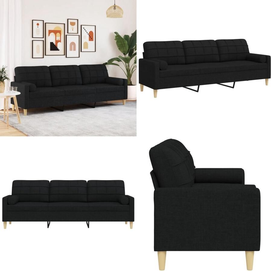 VidaXL 3-zitsbank met sierkussens 210 cm stof zwart 3-zitsbank 3-zitsbanken Bank 3zitsbank