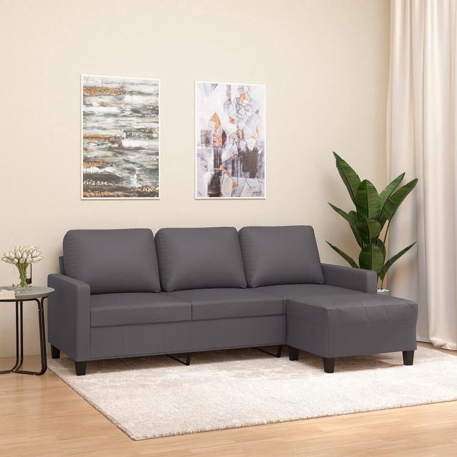 VidaXL 3-zitsbank met voetenbank Kunstleer Grijs 3 Zits Bank Fauteuils Salon Meubilair Kunstleer Sofa Grijze Bank Lounge Set Relaxstoel - Foto 2