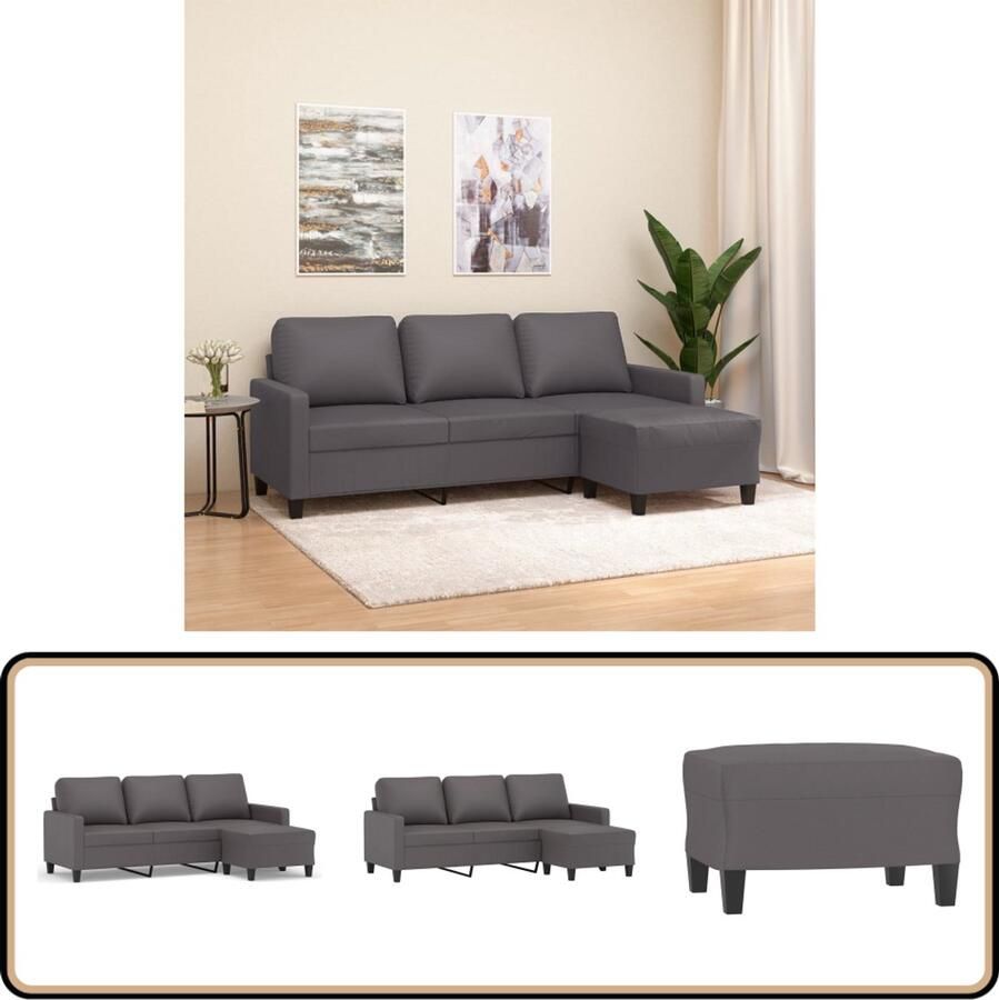 VidaXL 3-zitsbank met voetenbank Kunstleer Grijs 3 Zits Bank Fauteuils Salon Meubilair Kunstleer Sofa Grijze Bank Lounge Set Relaxstoel