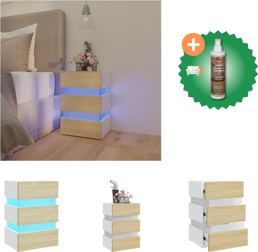 VidaXL 326846 Nachtkastje LED 45x35x67 cm bewerkt hout wit Kast Inclusief Houtreiniger en verfrisser