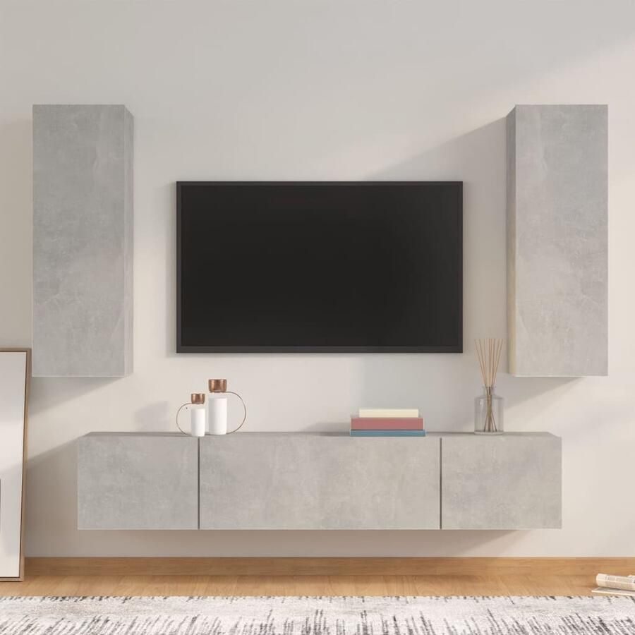 VidaXL 4-delige betongrijze Tv-meubelset Televisieserie Tv Kast Salontafel Houten Tv Stand Wandmontage Opbergruimte Grijs - Foto 2