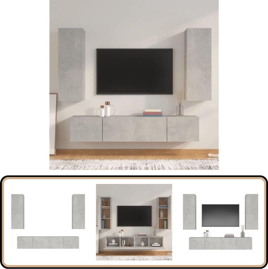 VidaXL 4-delige betongrijze Tv-meubelset Televisieserie Tv Kast Salontafel Houten Tv Stand Wandmontage Opbergruimte Grijs